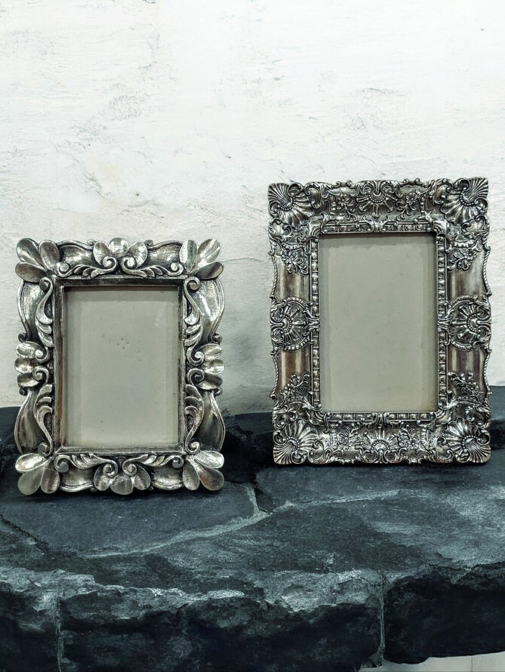 Set Of 2 Ornate Silver Decorative Tabletop Photo Frames Horizontal/Vertical